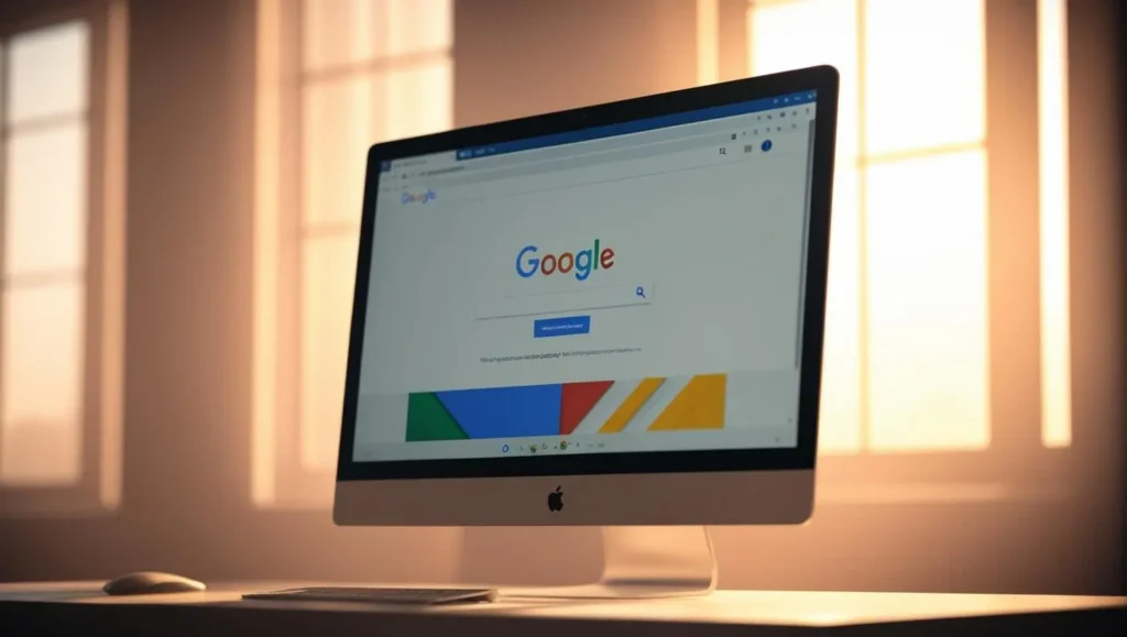 Egy monitor, amelyen a Google kereső látható, weboldal keresőoptimalizálás témában.