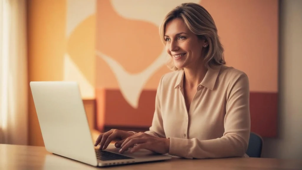 Mosolygó nő egy laptop előtt, sikeres szakmai weboldal tervezés közben.
